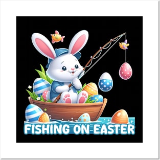 Fishing On Easter Bunny Fishing Egg Hunting Posters and Art